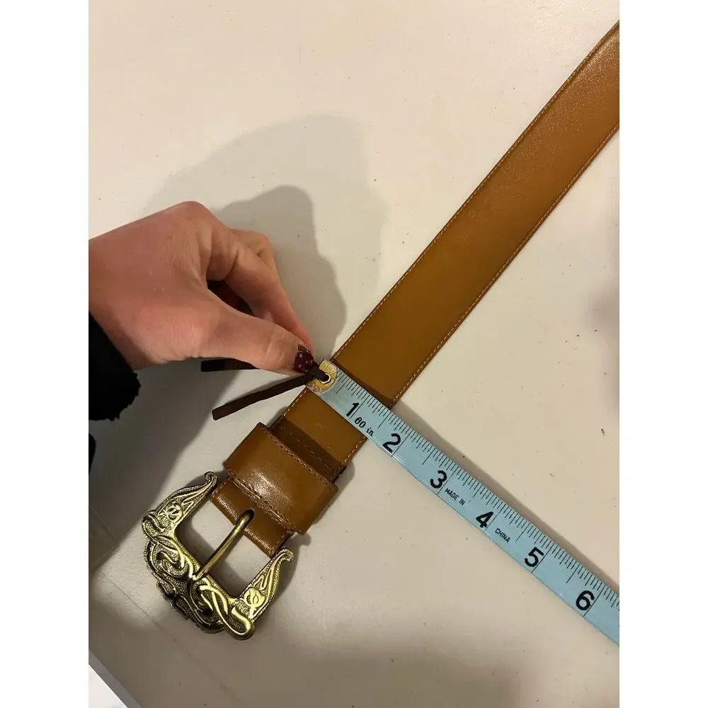 Vintage Liz Claiborne Tan Full Grain Semi Aniline Leather Gold Belt Size Large